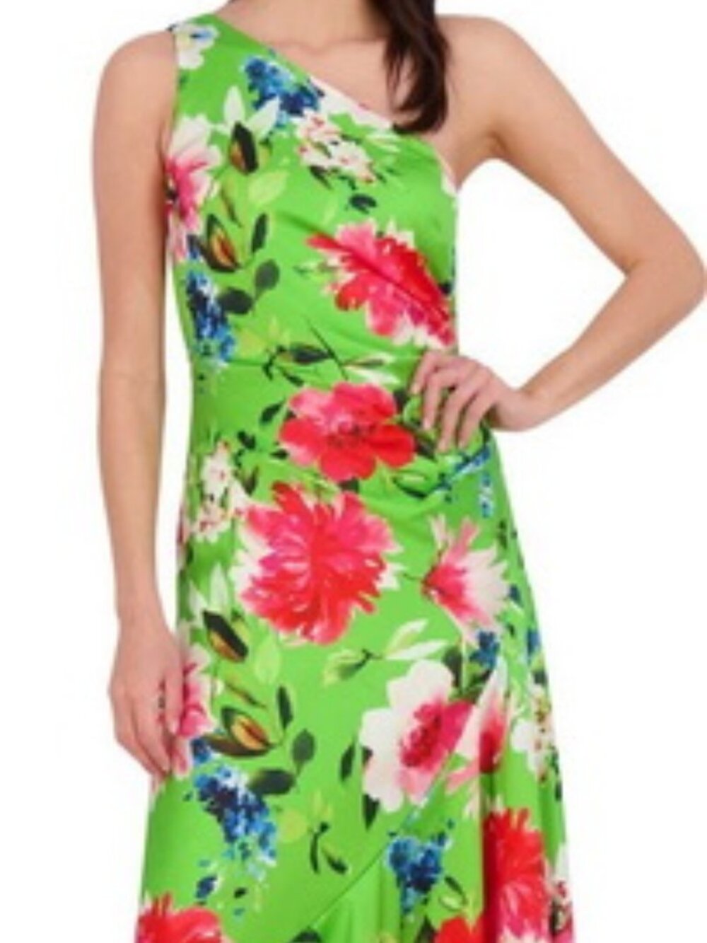 Eliza J Floral Green Asymmetric One-Shoulder Midi Dress
